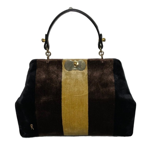 Vintage Roberta di Camerino Handbag 2 Toned Velvet Brown Leather Top Handle - Picture 8 of 16